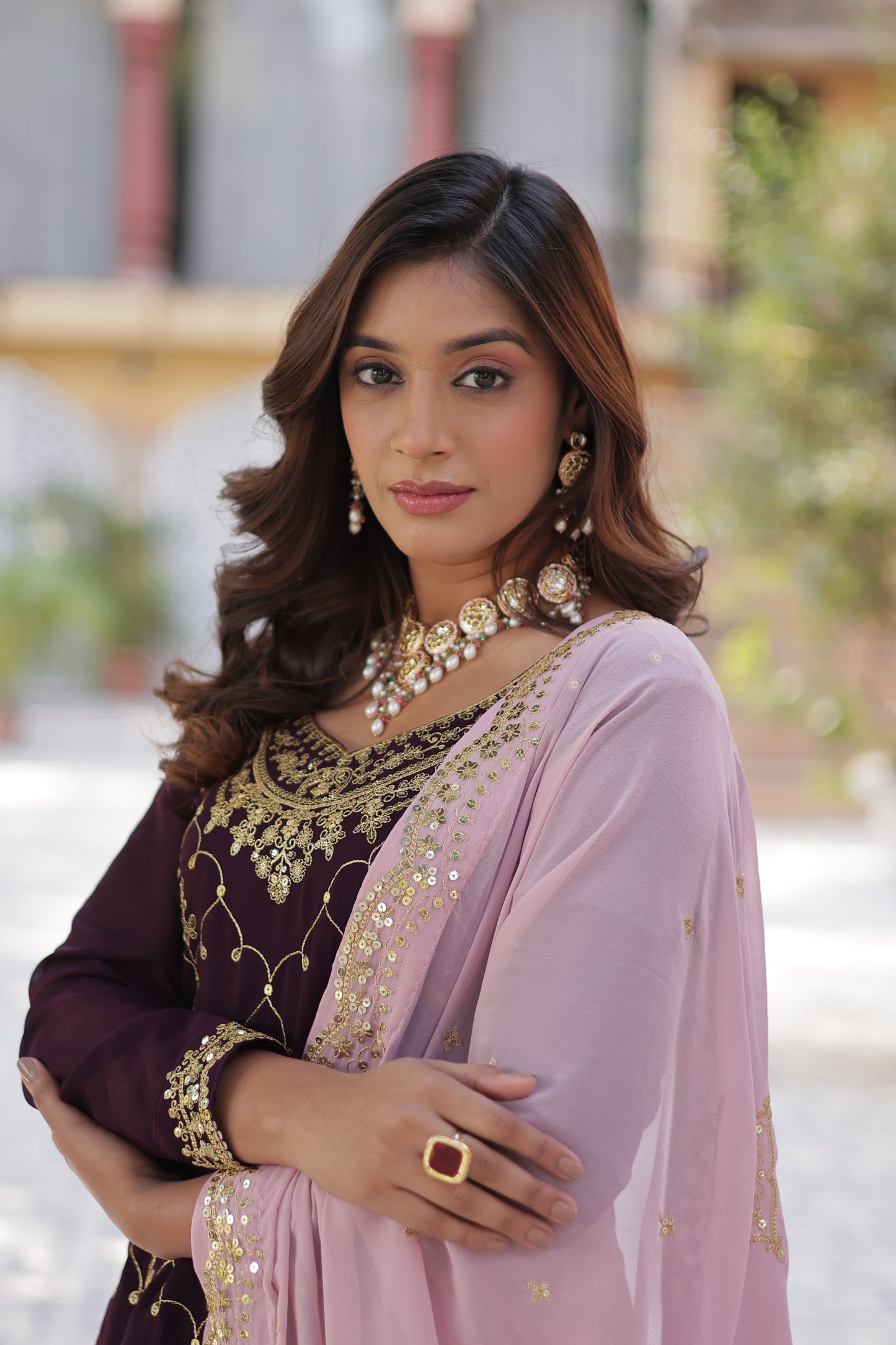 Sequins Embroidered Kurti Plazzo Dupatta Set