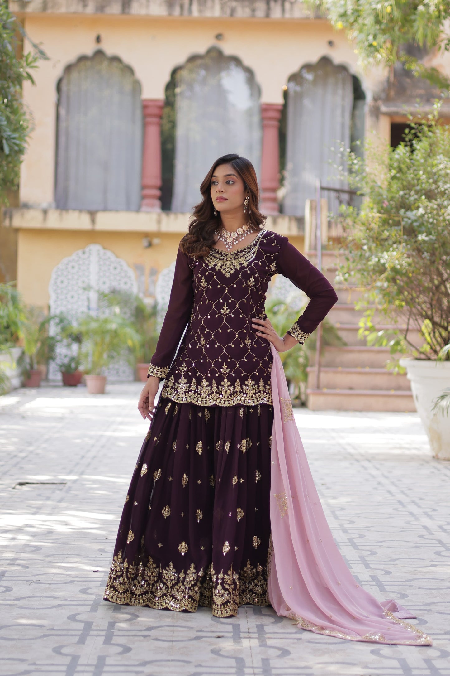 Sequins Embroidered Kurti Plazzo Dupatta Set