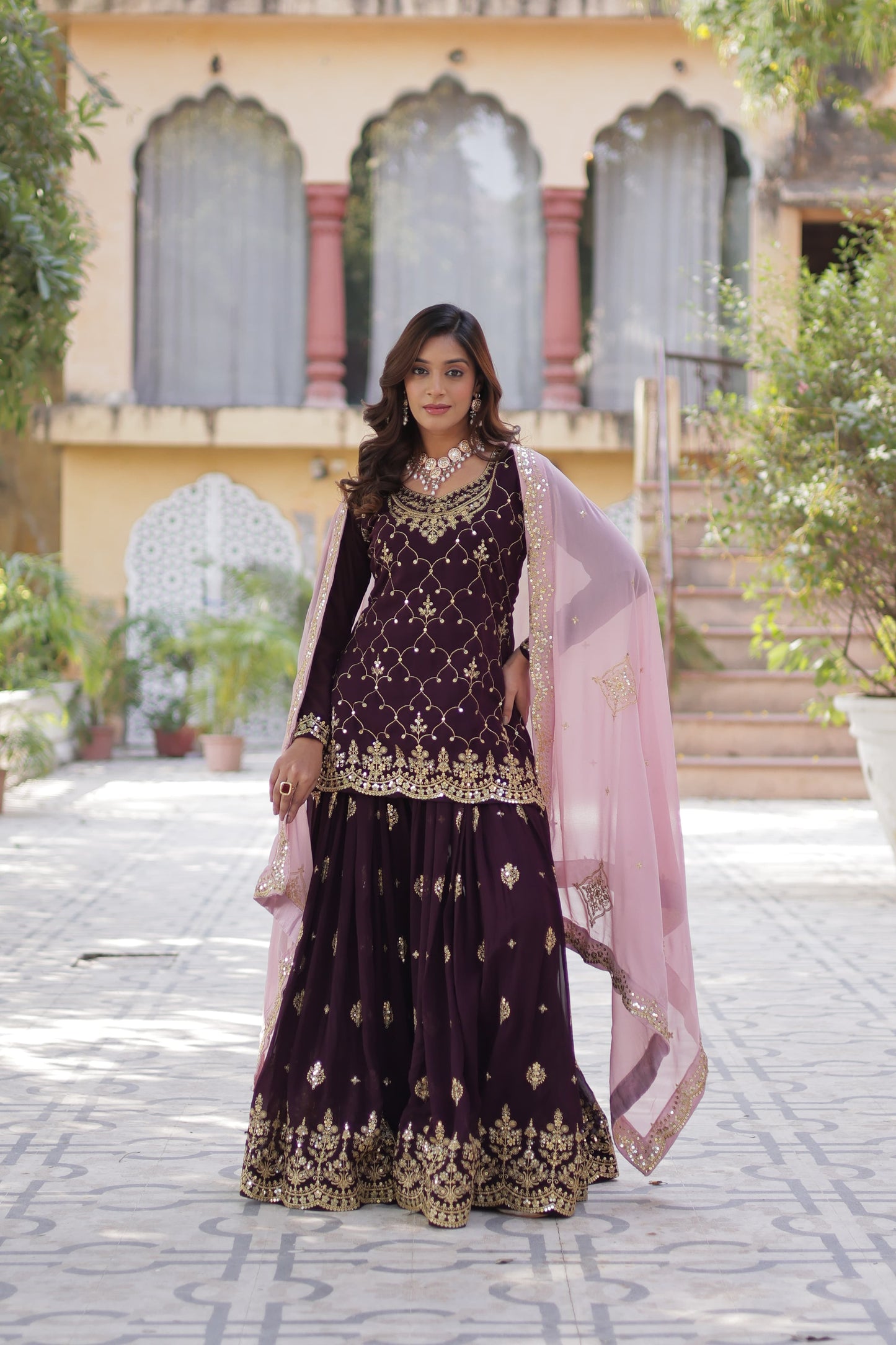 Sequins Embroidered Kurti Plazzo Dupatta Set