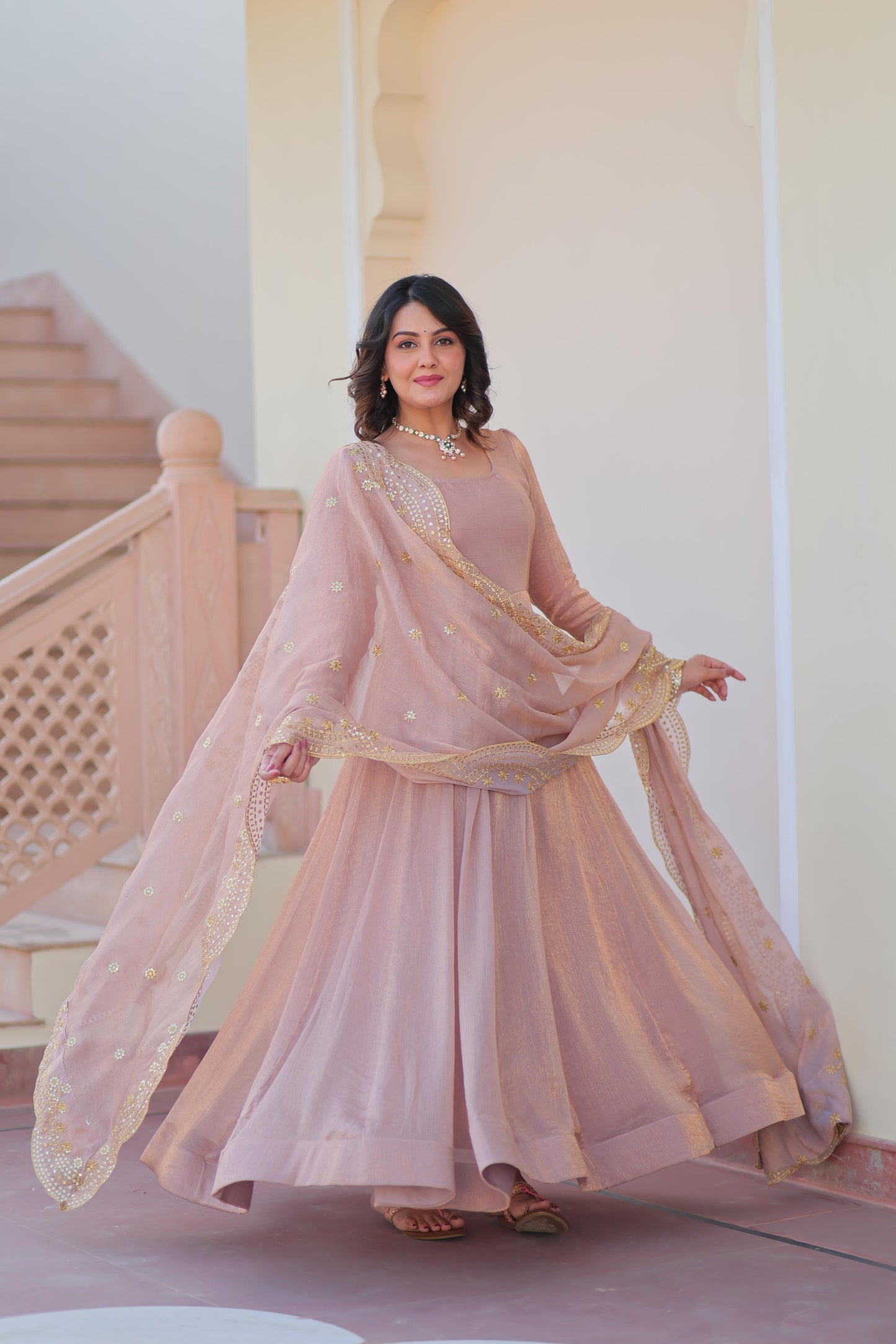 Fendy Chiffon Kali Gown Set with Embroidered Dupatta