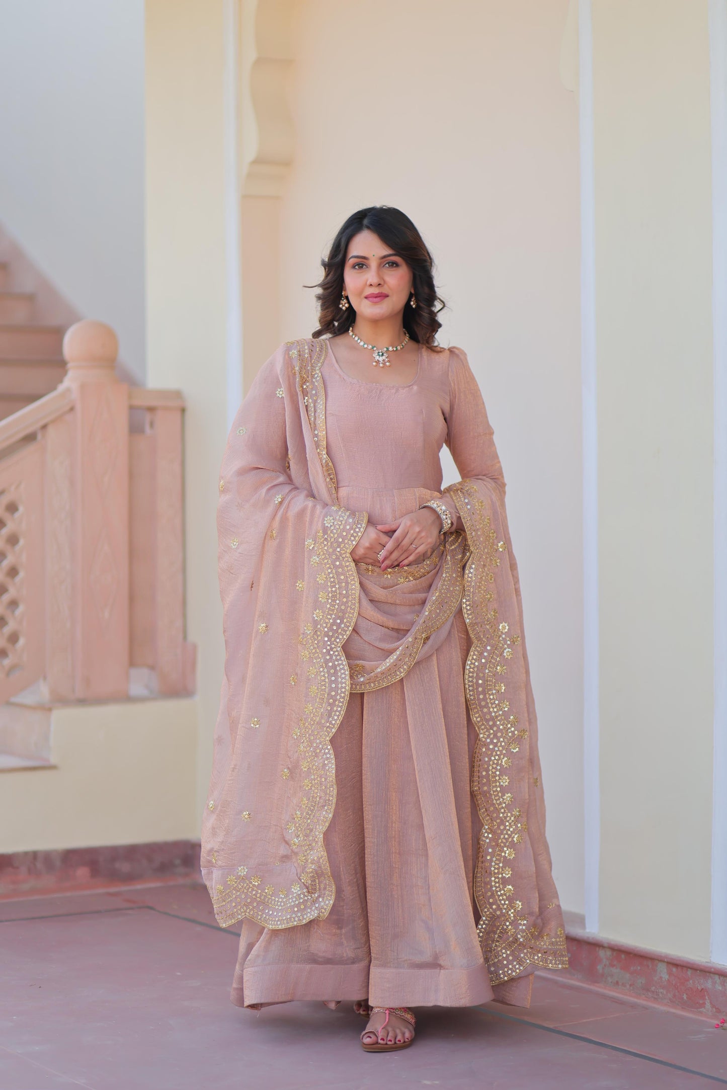 Fendy Chiffon Kali Gown Set with Embroidered Dupatta