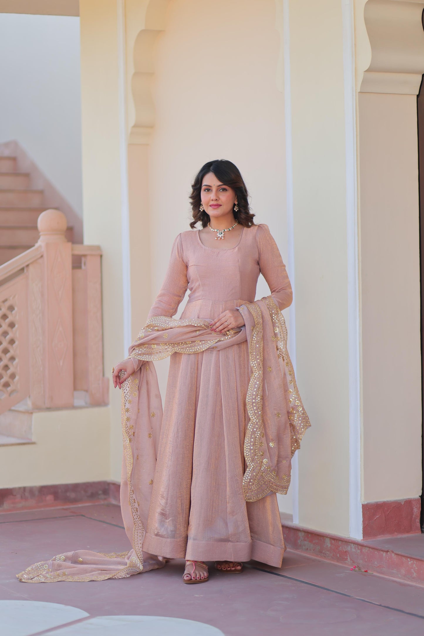Fendy Chiffon Kali Gown Set with Embroidered Dupatta