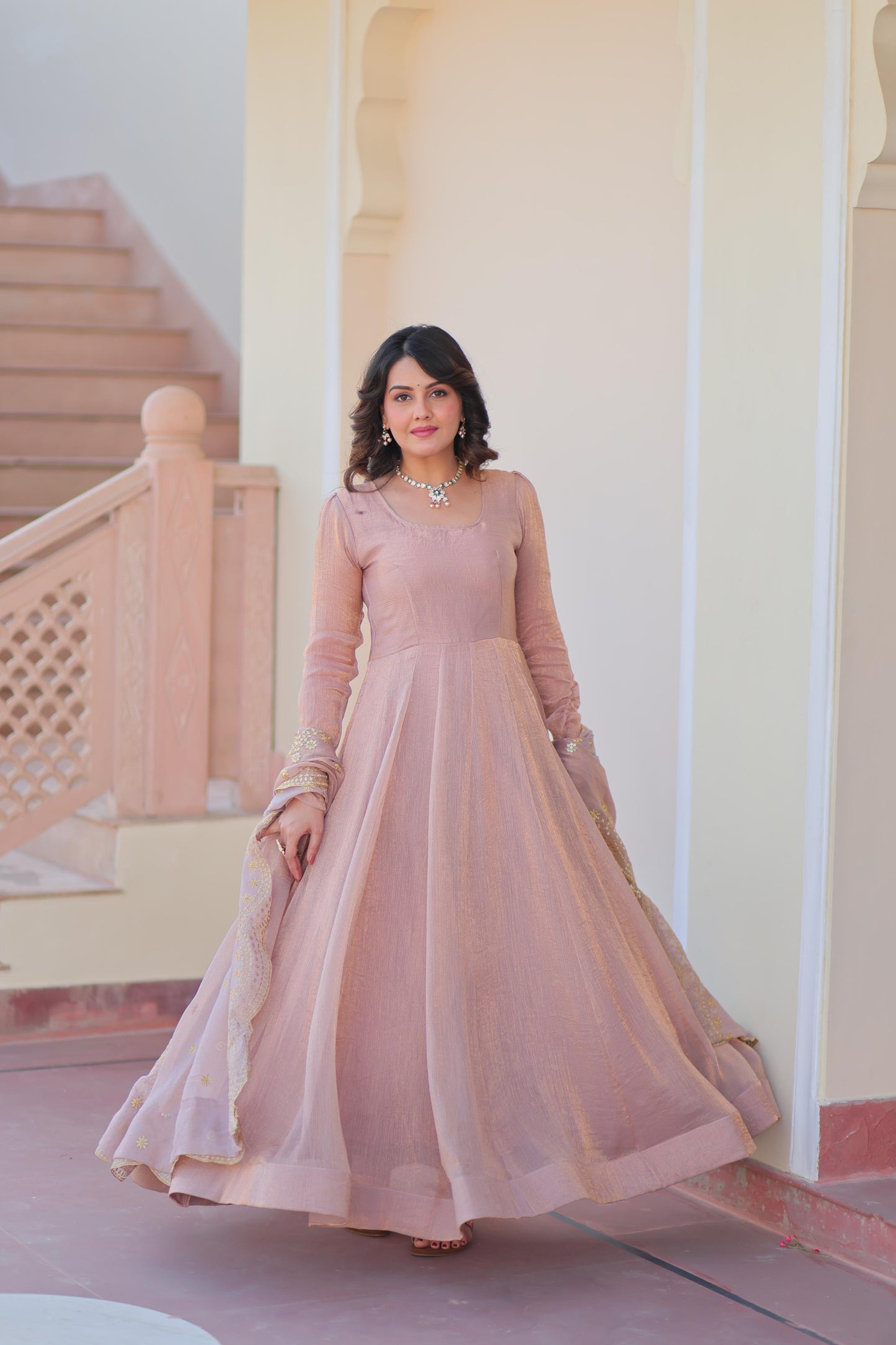 Fendy Chiffon Kali Gown Set with Embroidered Dupatta
