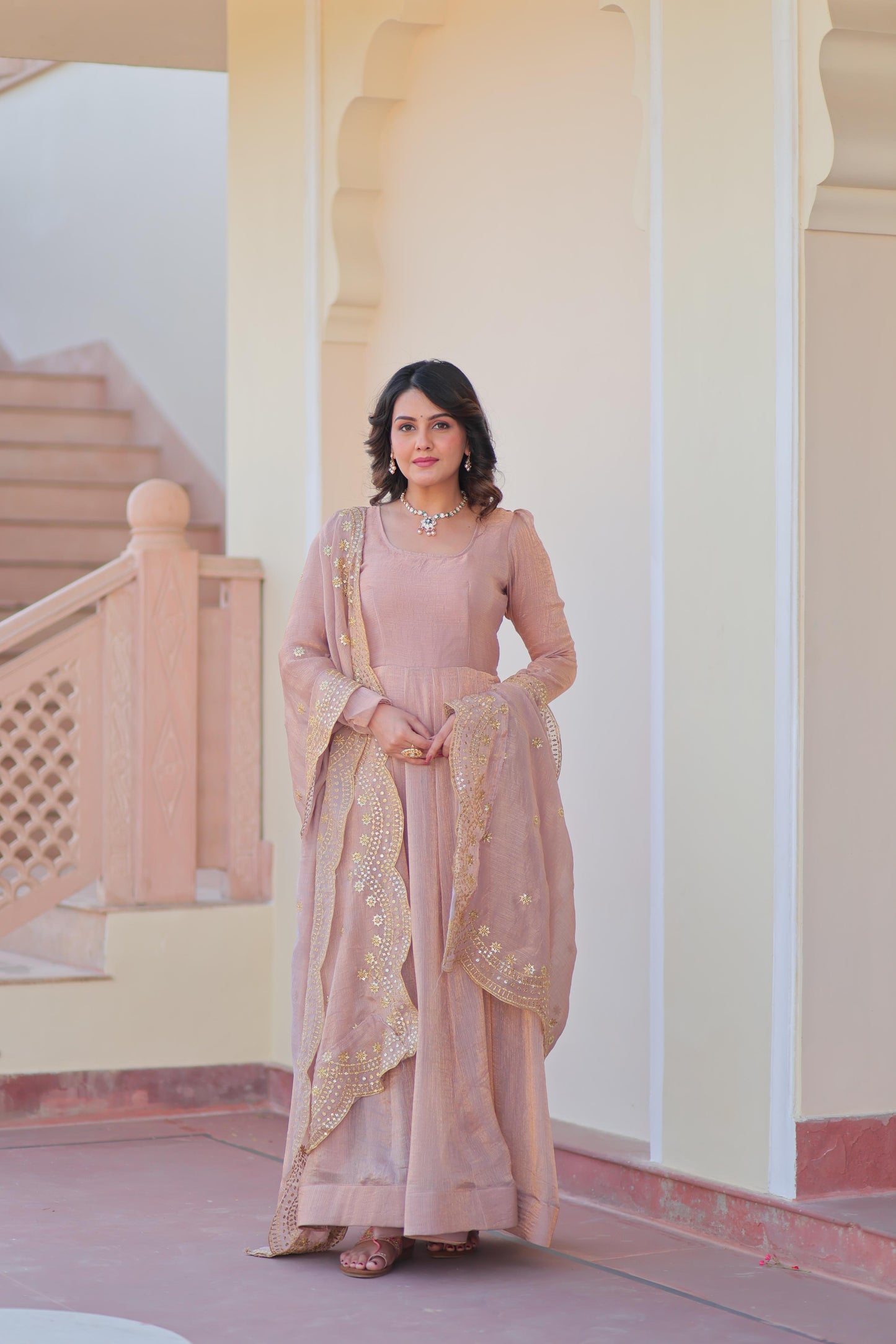 Fendy Chiffon Kali Gown Set with Embroidered Dupatta