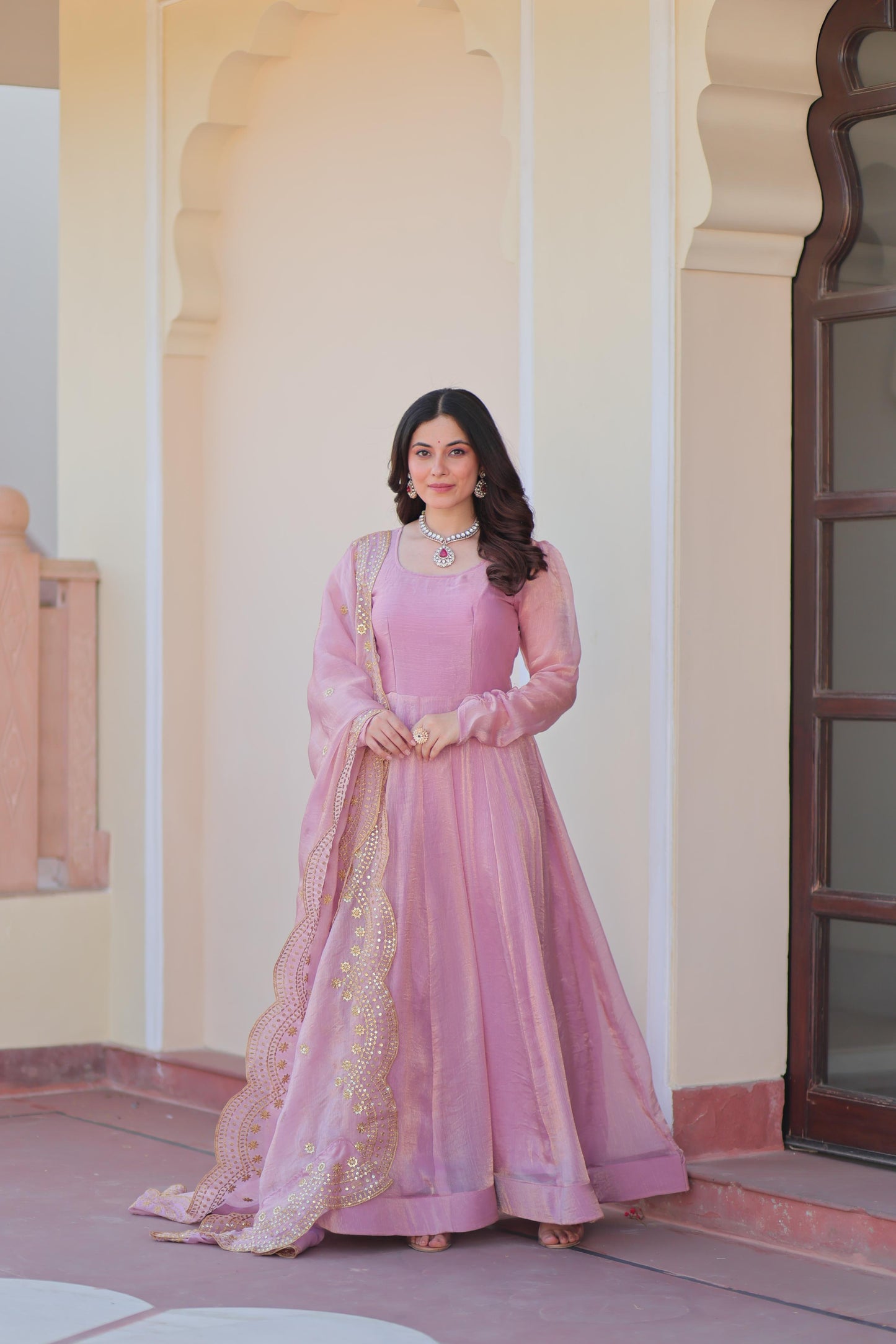 Fendy Chiffon Kali Gown Set with Embroidered Dupatta
