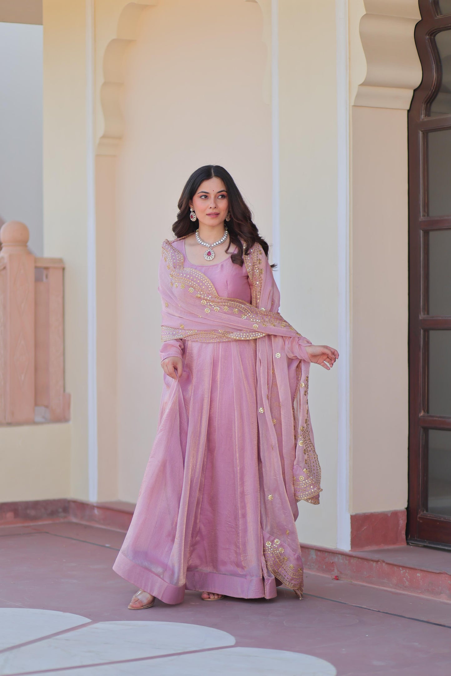 Fendy Chiffon Kali Gown Set with Embroidered Dupatta