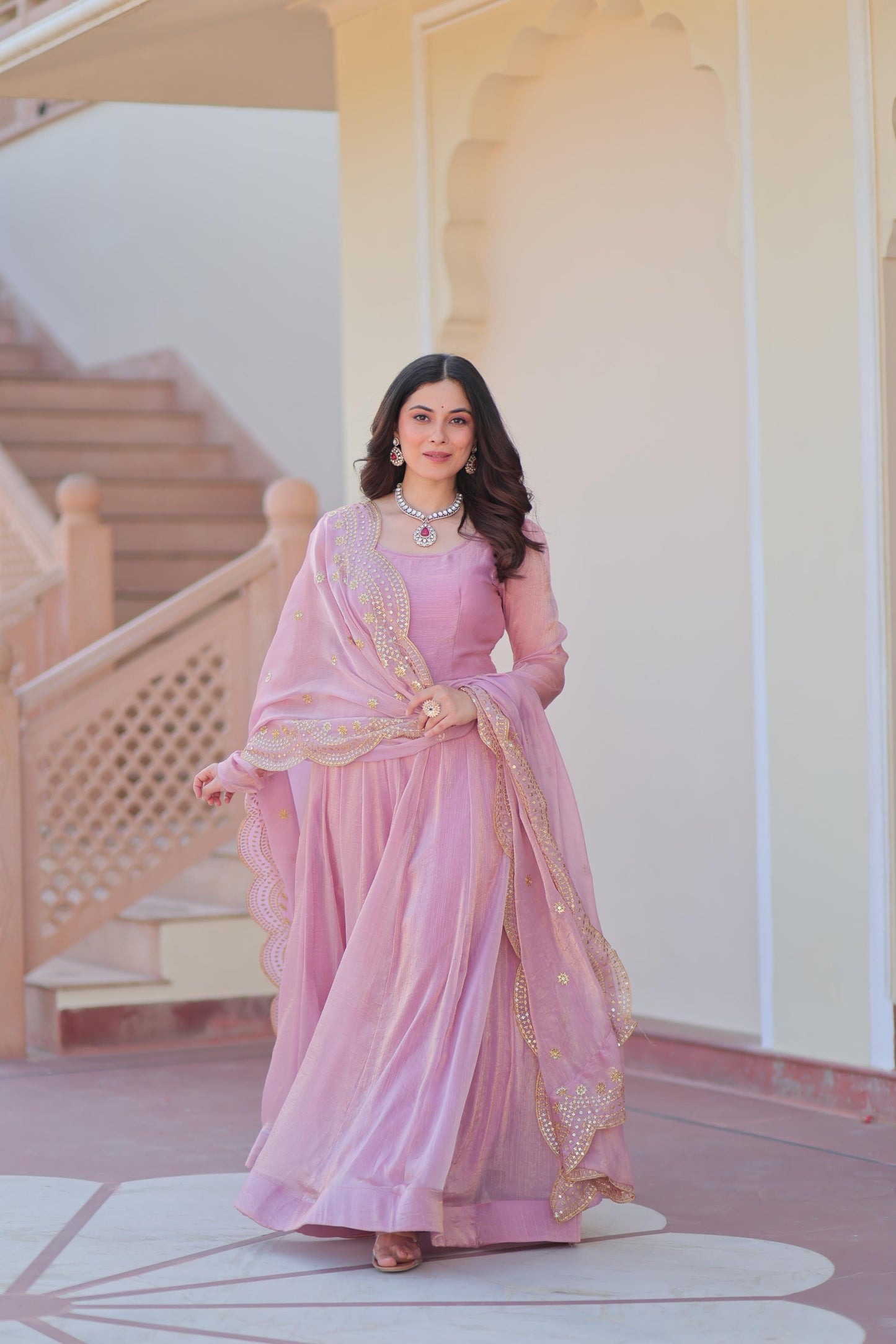 Fendy Chiffon Kali Gown Set with Embroidered Dupatta