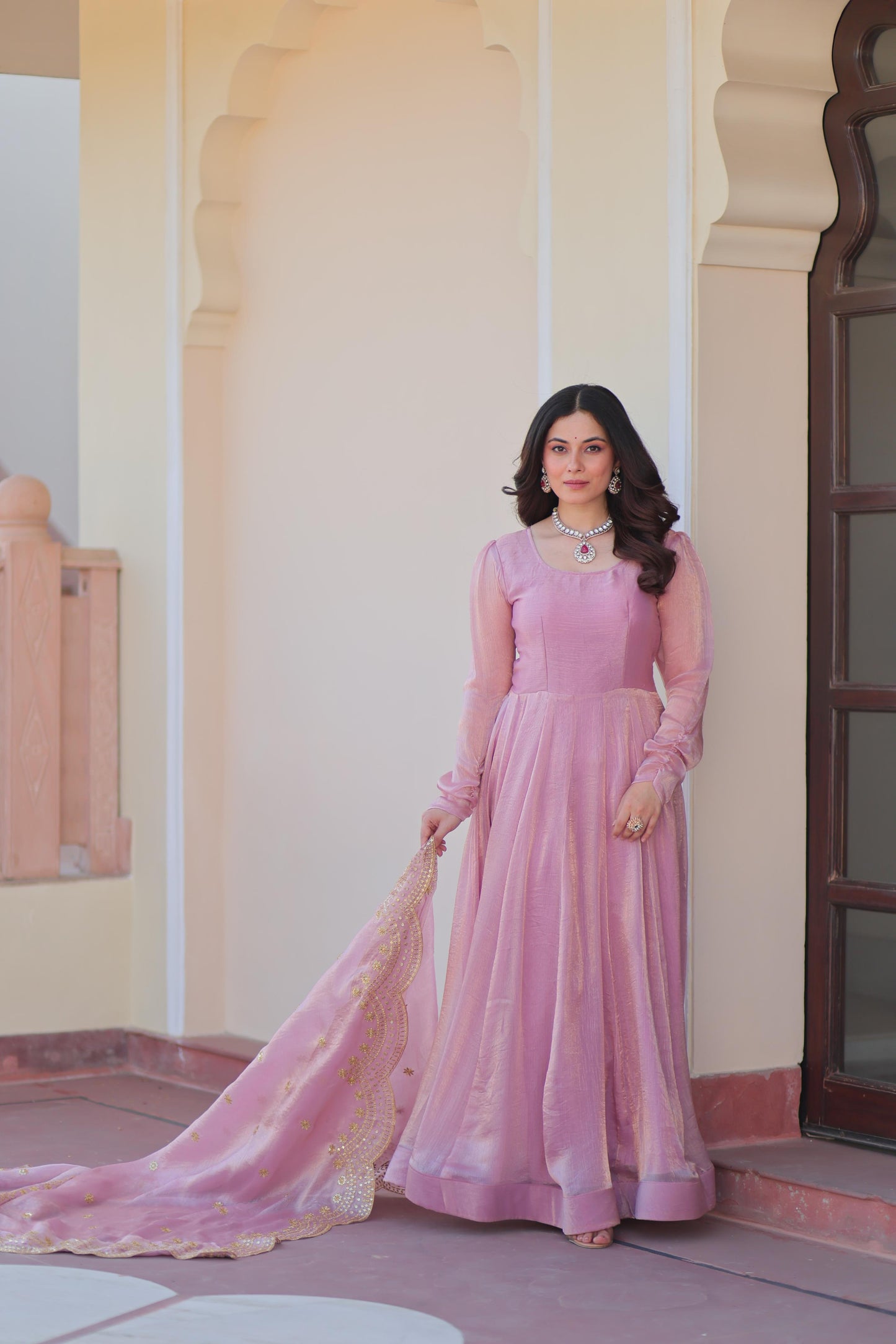 Fendy Chiffon Kali Gown Set with Embroidered Dupatta