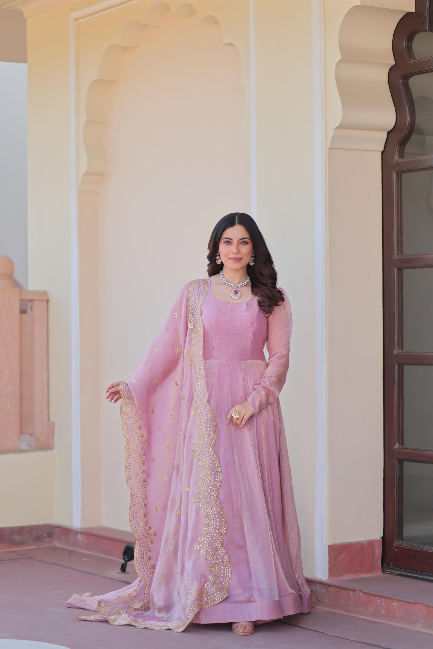 Fendy Chiffon Kali Gown Set with Embroidered Dupatta