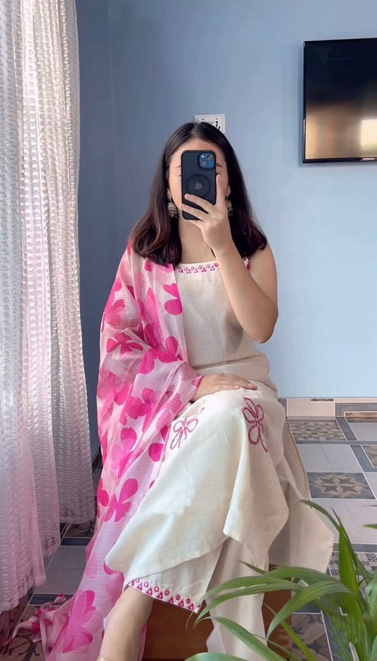 New Reyon Slub Embroidered Suit Set with Dupatta