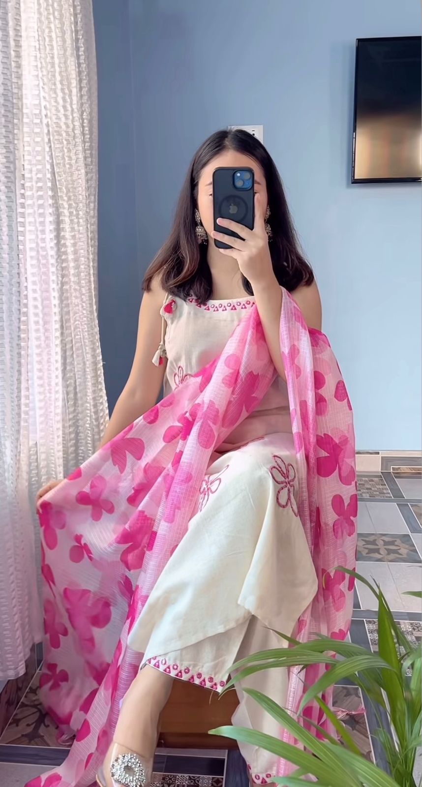 New Reyon Slub Embroidered Suit Set with Dupatta