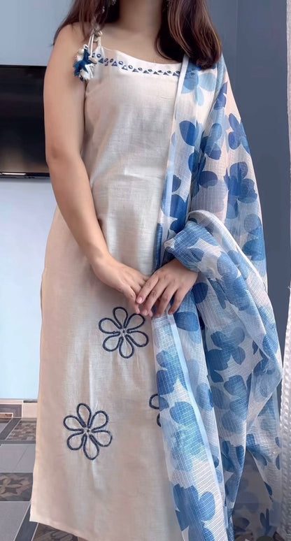 New Reyon Slub Embroidered Suit Set with Dupatta