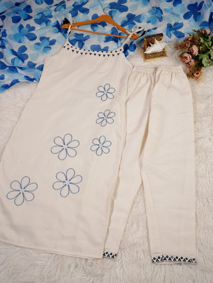 New Reyon Slub Embroidered Suit Set with Dupatta
