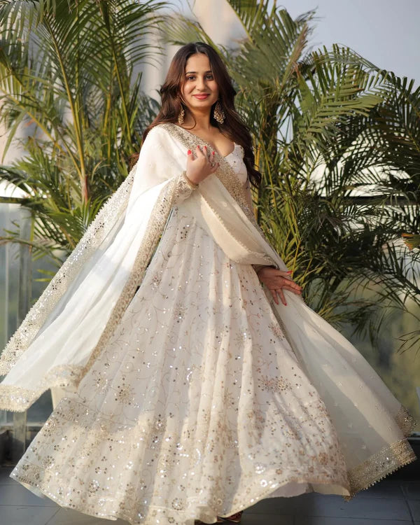 White Premium Heavy Embroidered Anarkali Suit Set