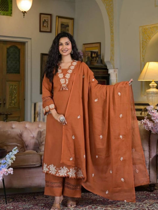 Graceful Everyday Wear with Designer Touch – Premium Reyon Slub Cotton Suit Set