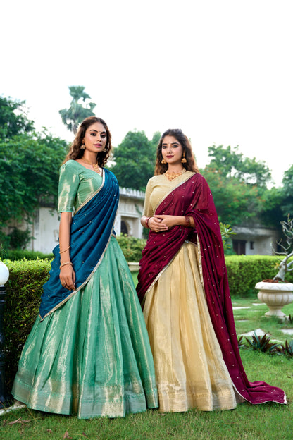Kesariya Kanchipuram Zari Weaving Lehenga Set