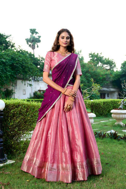 Kesariya Kanchipuram Zari Weaving Lehenga Set