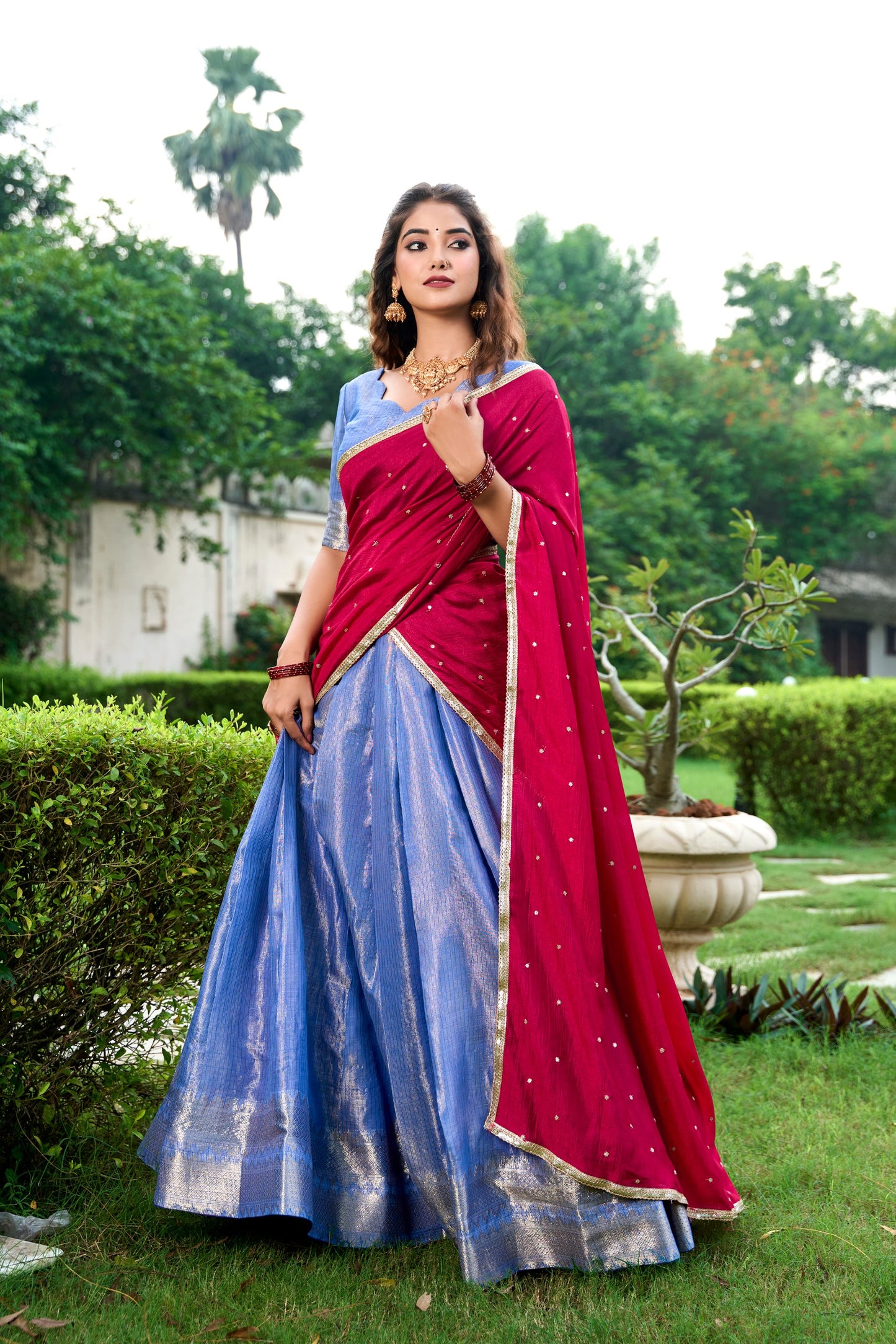 Kesariya Kanchipuram Zari Weaving Lehenga Set