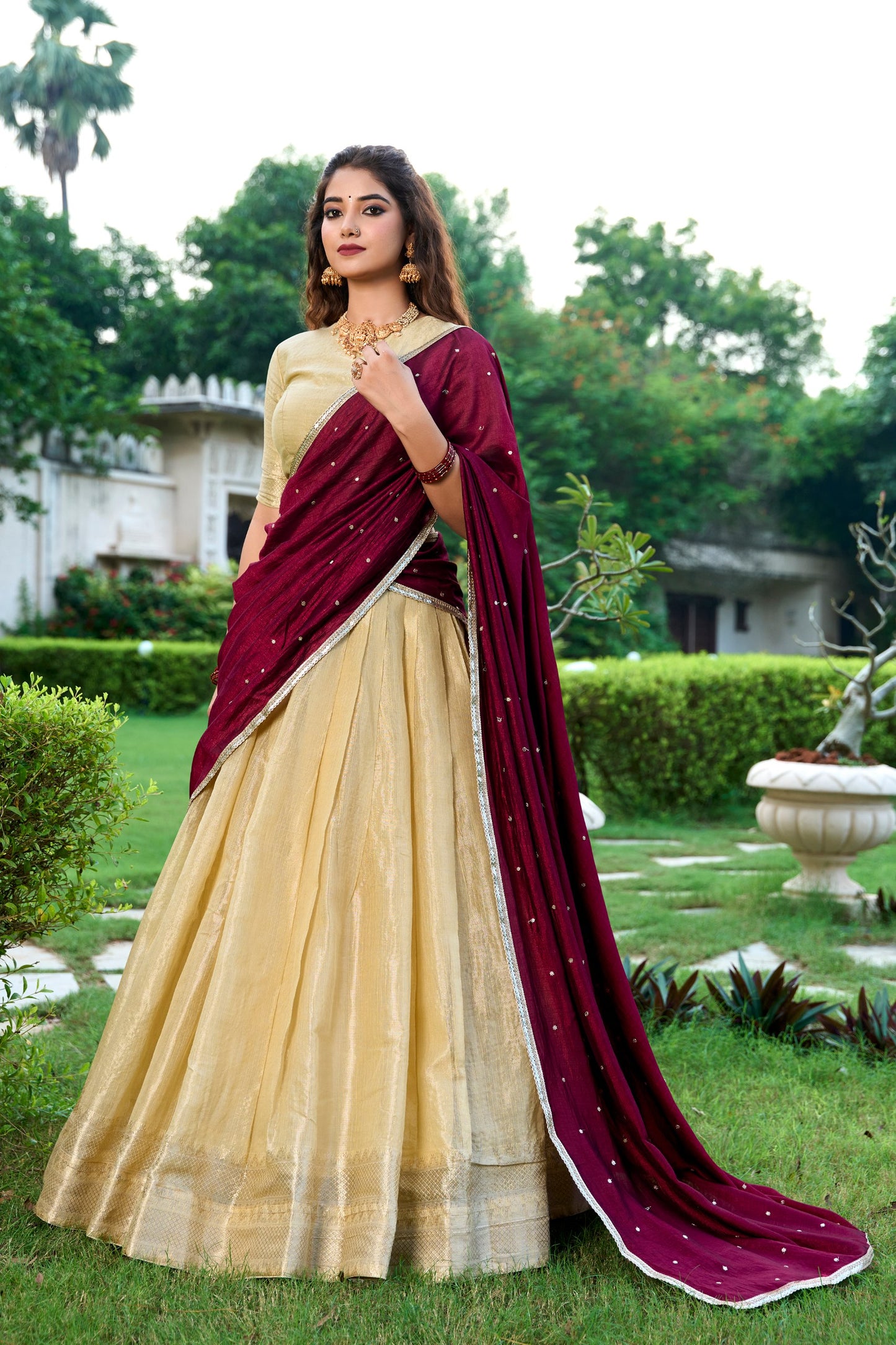 Kesariya Kanchipuram Zari Weaving Lehenga Set