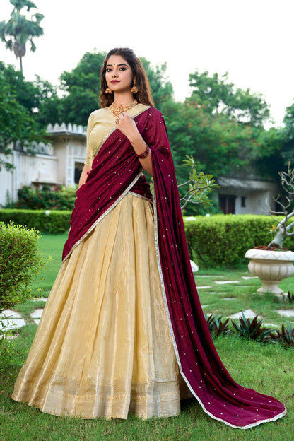 Kesariya Kanchipuram Zari Weaving Lehenga Set