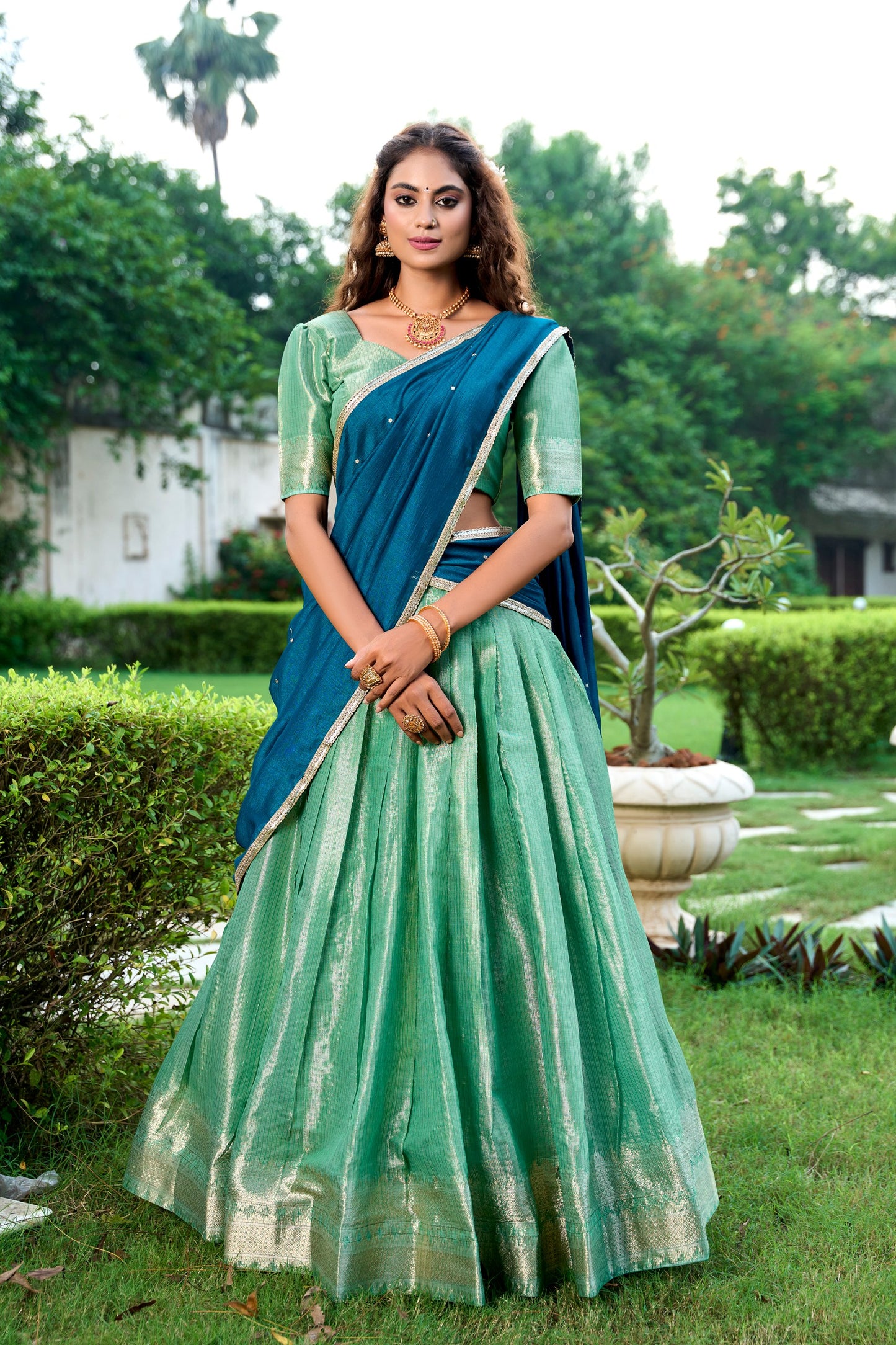 Kesariya Kanchipuram Zari Weaving Lehenga Set