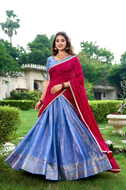 Kesariya Kanchipuram Zari Weaving Lehenga Set