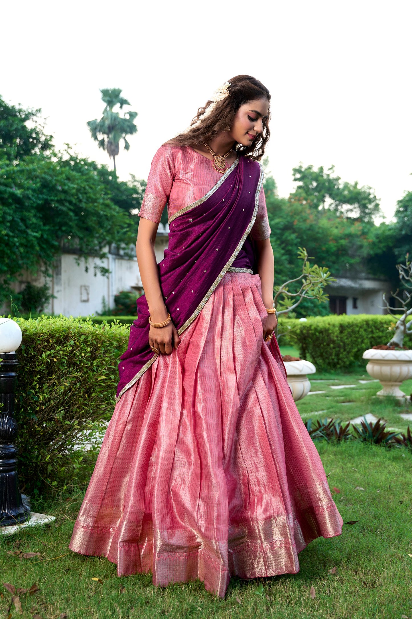 Kesariya Kanchipuram Zari Weaving Lehenga Set
