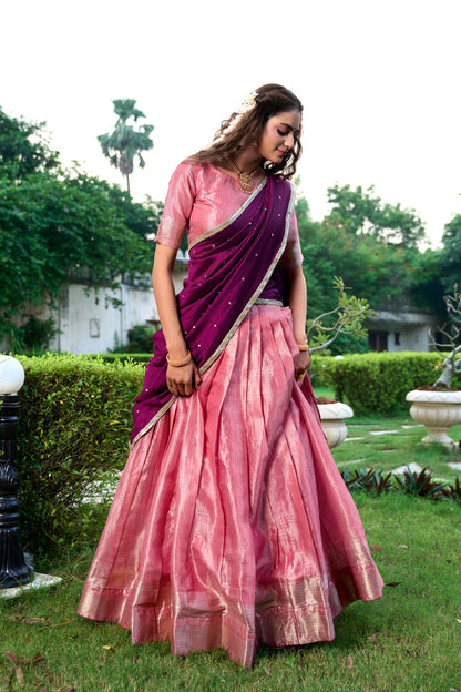 Kesariya Kanchipuram Zari Weaving Lehenga Set