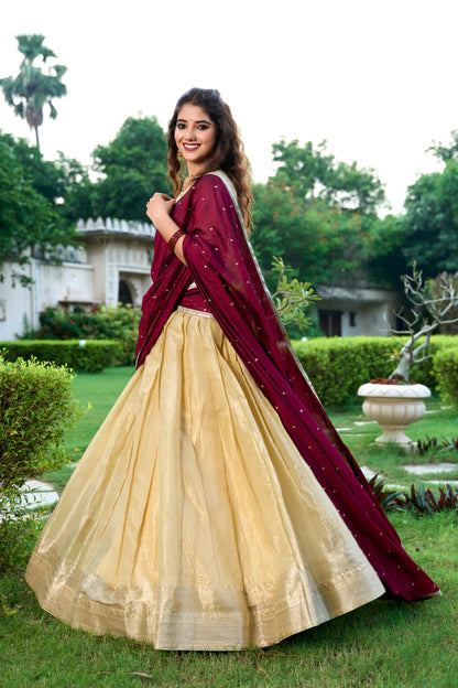 Kesariya Kanchipuram Zari Weaving Lehenga Set
