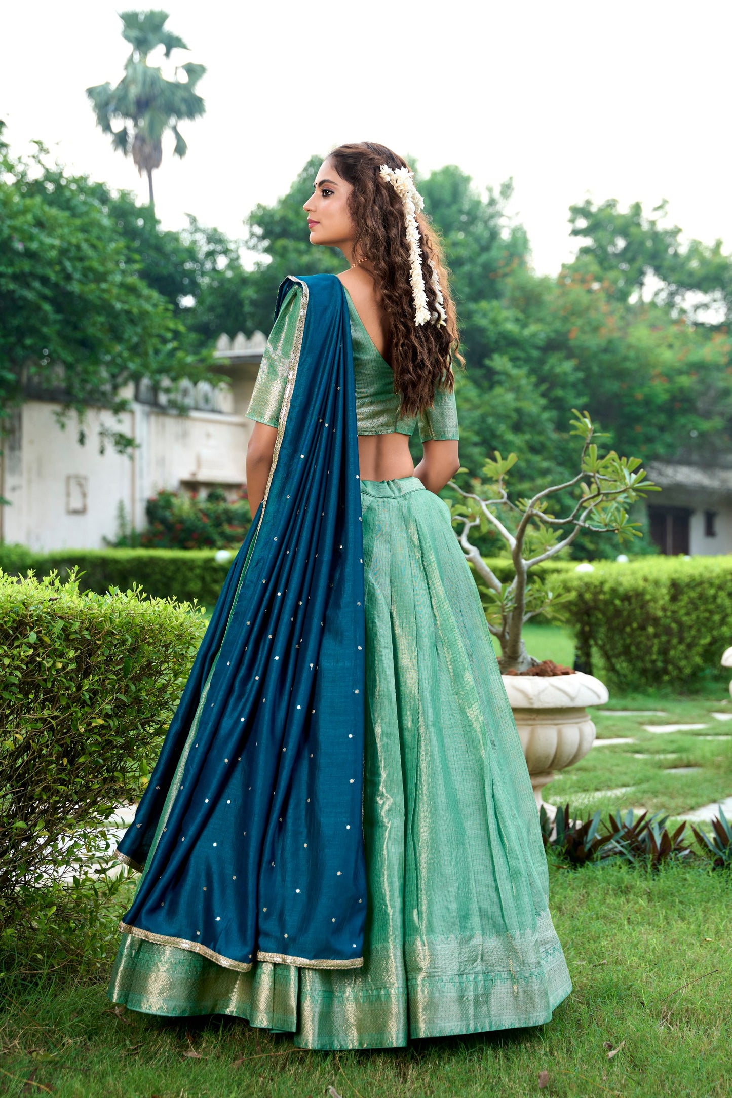 Kesariya Kanchipuram Zari Weaving Lehenga Set