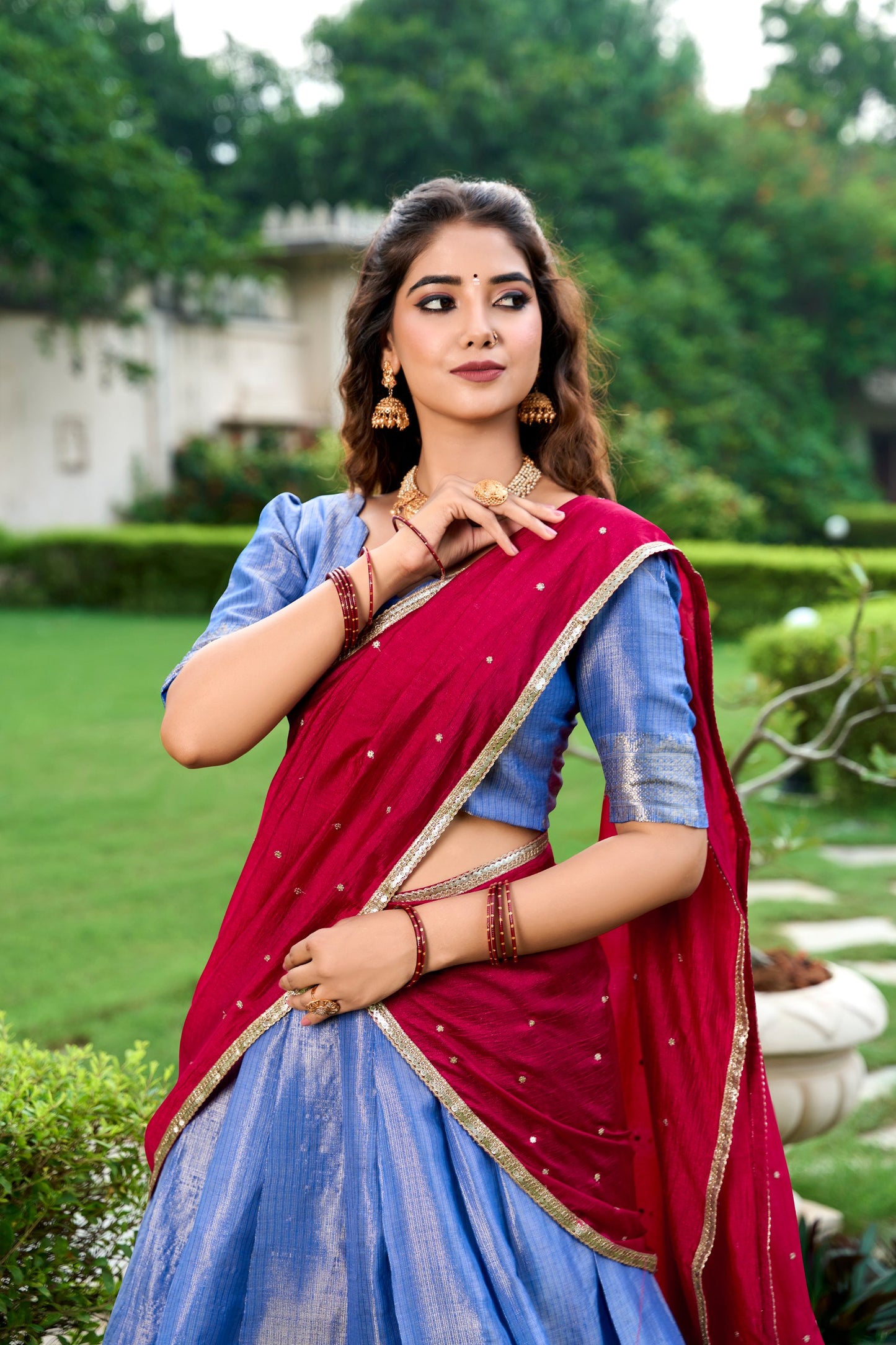 Kesariya Kanchipuram Zari Weaving Lehenga Set