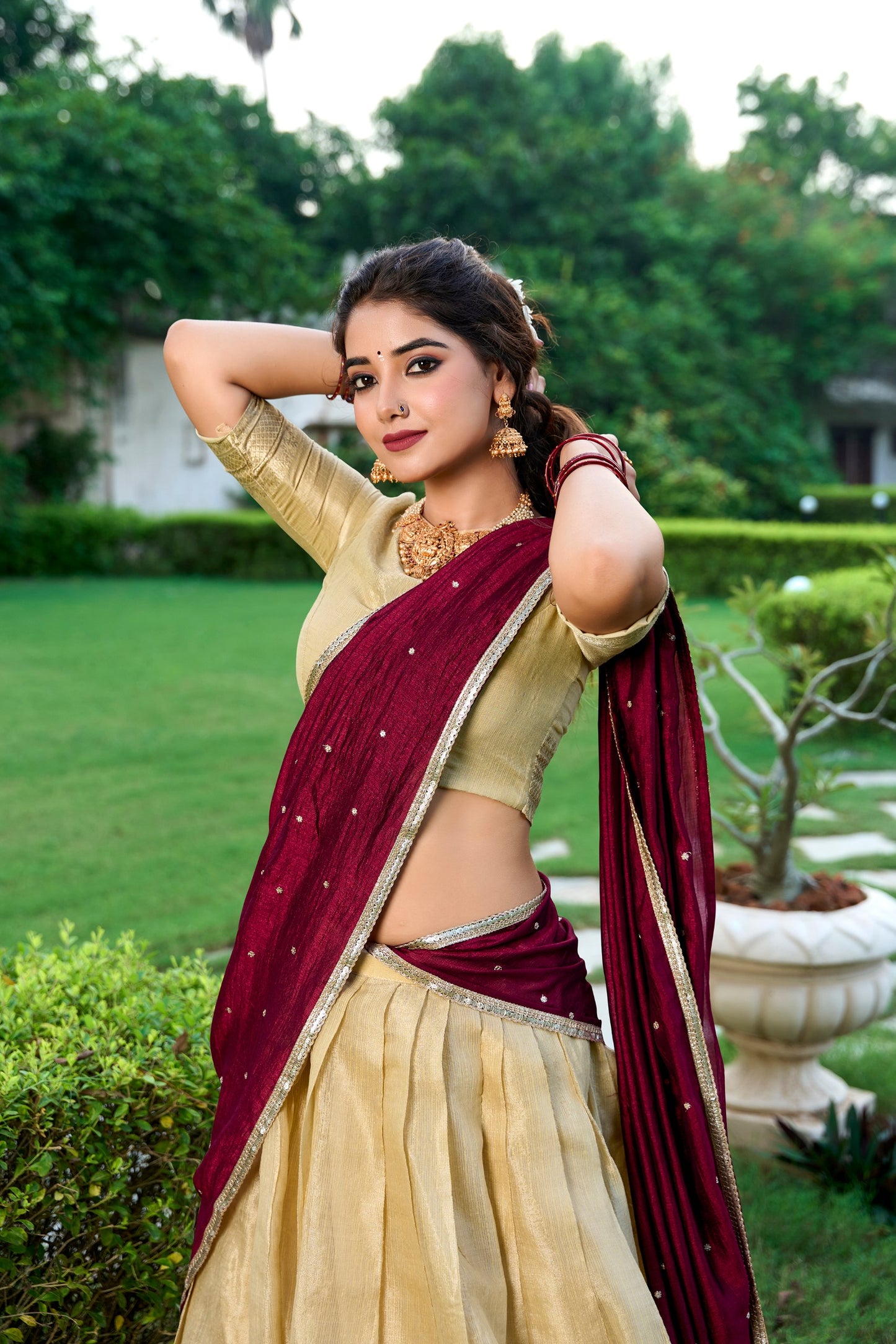 Kesariya Kanchipuram Zari Weaving Lehenga Set