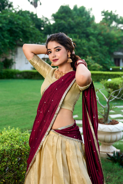Kesariya Kanchipuram Zari Weaving Lehenga Set
