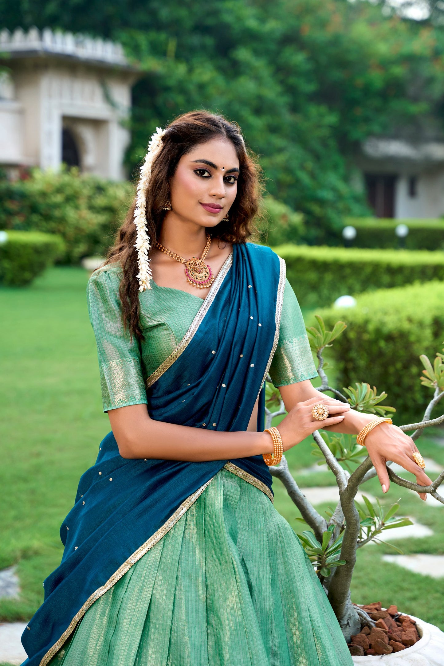 Kesariya Kanchipuram Zari Weaving Lehenga Set