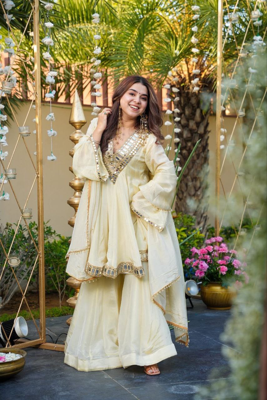 Ivory Color Premium Mirror Work Anarkali With Sharara & Dupatta