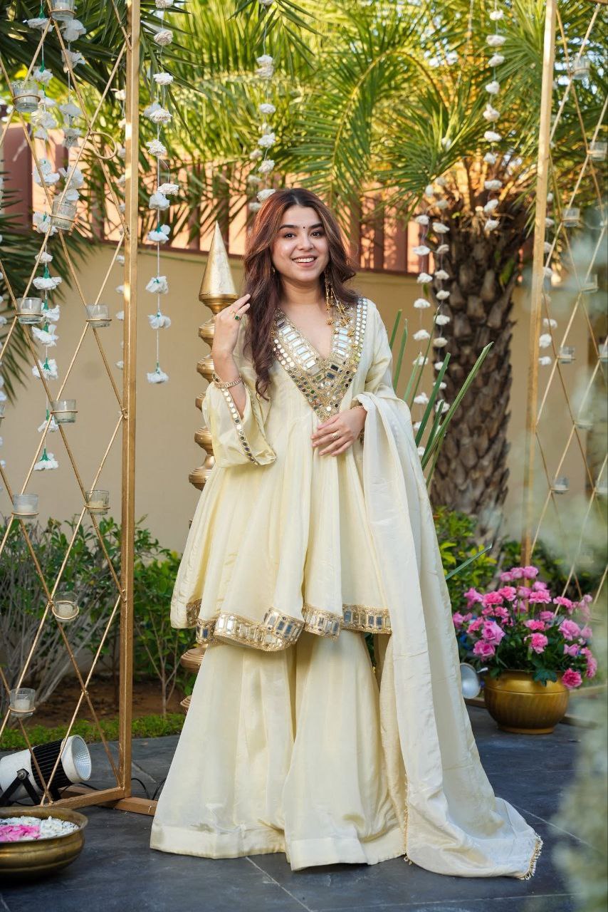 Ivory Color Premium Mirror Work Anarkali With Sharara & Dupatta