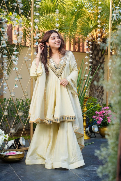 Ivory Color Premium Mirror Work Anarkali With Sharara & Dupatta