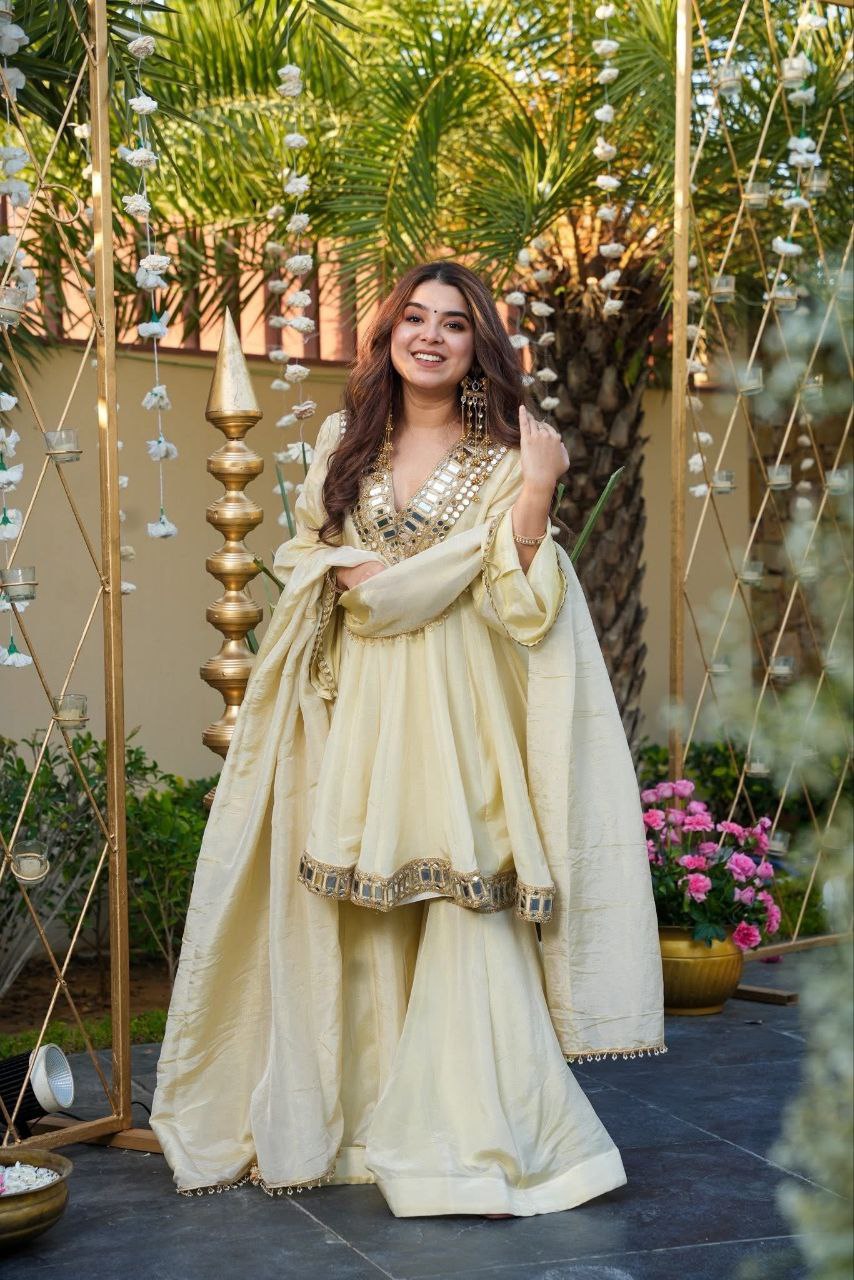 Ivory Color Premium Mirror Work Anarkali With Sharara & Dupatta