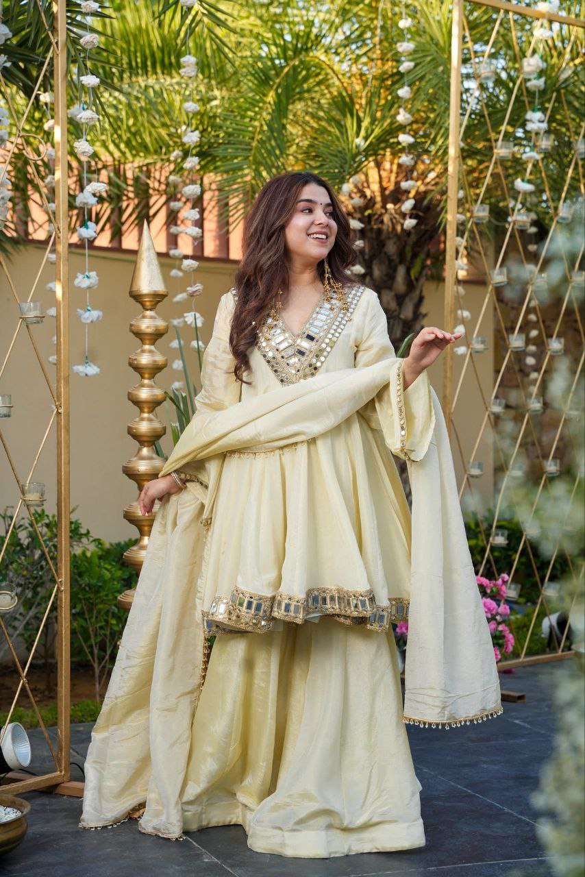 Ivory Color Premium Mirror Work Anarkali With Sharara & Dupatta