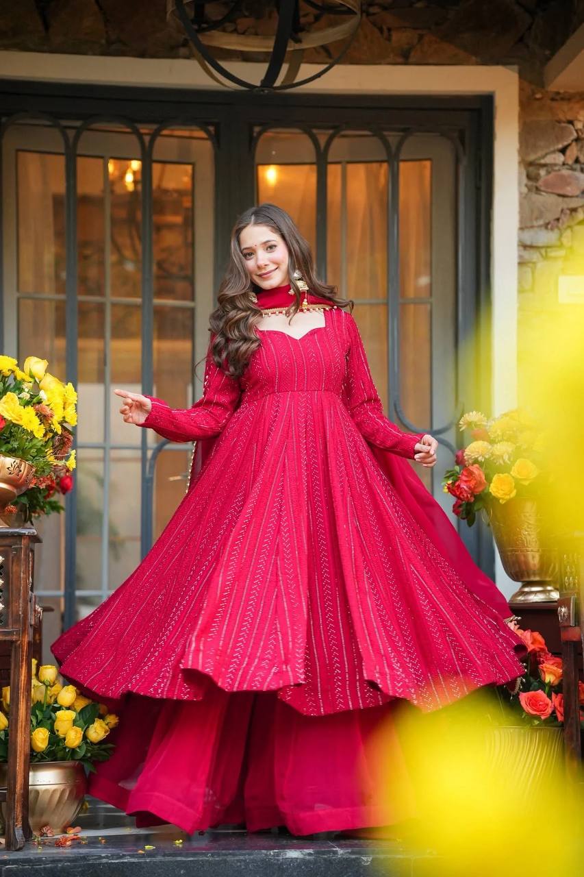 Soft Rose Lakhnavi Embroidered Work Anarkali Suit Set