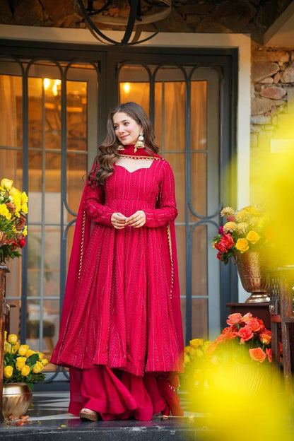 Soft Rose Lakhnavi Embroidered Work Anarkali Suit Set