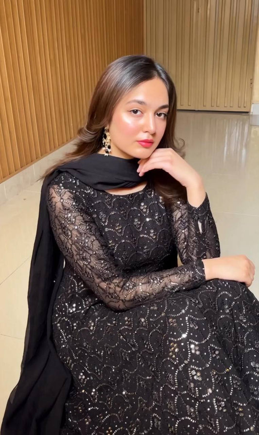 KIARA BLACK FAUX BLOOMING ANARKALI STYLE SHARARA SUIT SET