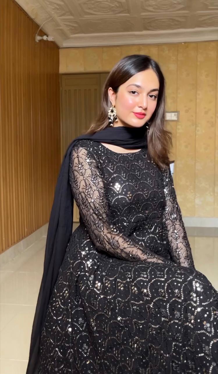 KIARA BLACK FAUX BLOOMING ANARKALI STYLE SHARARA SUIT SET