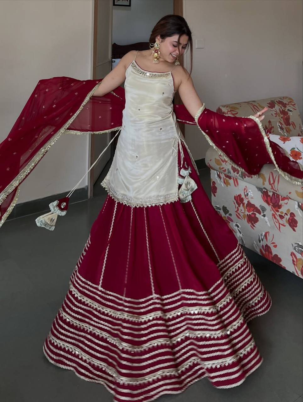 Ivory Mirror Work Kurta Sharara Set with Red Dupatta