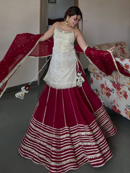 Ivory Mirror Work Kurta Sharara Set with Red Dupatta