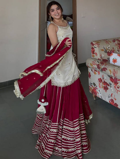 Ivory Mirror Work Kurta Sharara Set with Red Dupatta