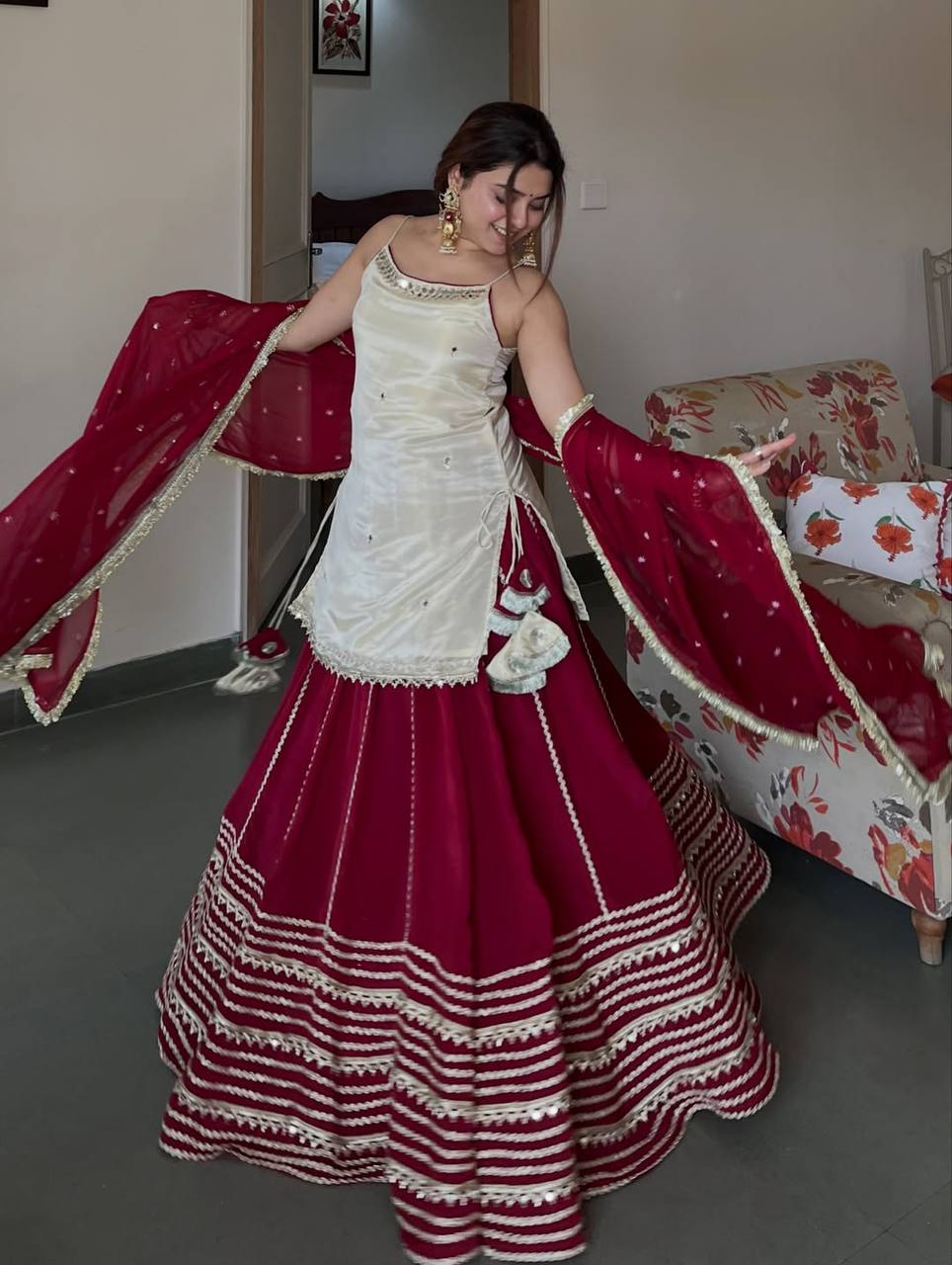 Ivory Mirror Work Kurta Sharara Set with Red Dupatta