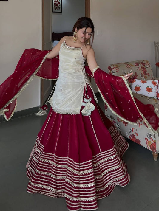 Ivory Mirror Work Kurta Sharara Set with Red Dupatta