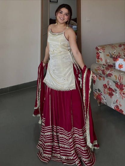 Ivory Mirror Work Kurta Sharara Set with Red Dupatta