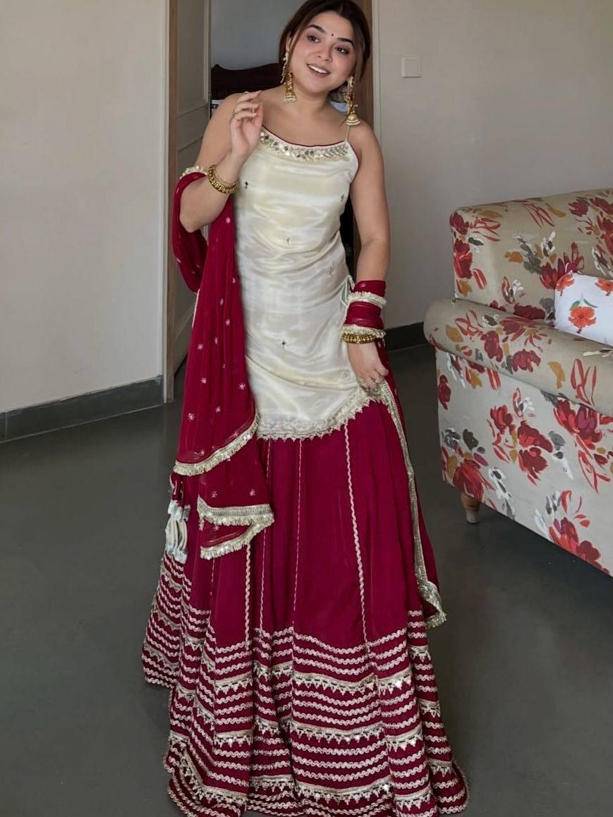 Ivory Mirror Work Kurta Sharara Set with Red Dupatta